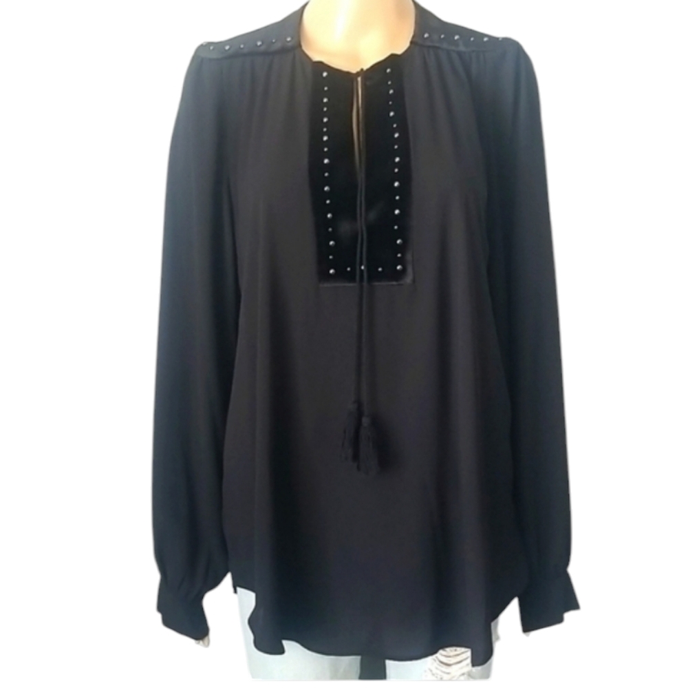 Vtg Whimsigoth Black Studded Peasant Blouse Velvet Trim Tassel Keyhole Top L - Picture 3 of 16